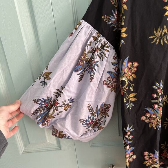 LOFT Womens Floral Puff Sleeve Blouse Large Button Back Cottagecore Black Blue - Picture 2 of 13